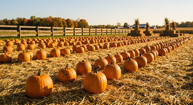 Autumn pumpkin patch field with golden afternoon light, harvest season