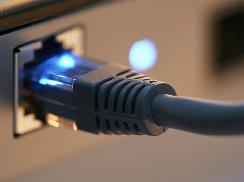 Close-up of an Ethernet network cable plugged into a hardware port with blue indicator light