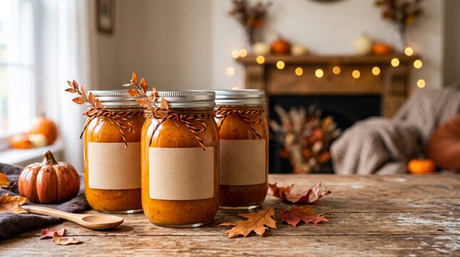 Homemade pumpkin jam in glass jars with blank labels, autumn leaves and cozy seasonal decor in the background