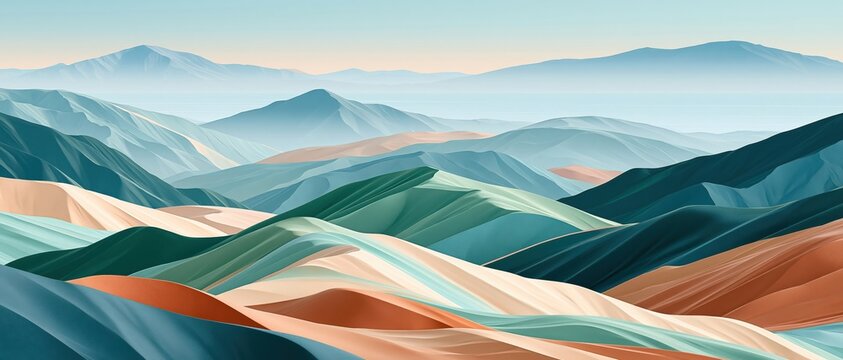 Gentle pastel topographic terrain with soft matte layered hills and valleys in blue green and peach tones