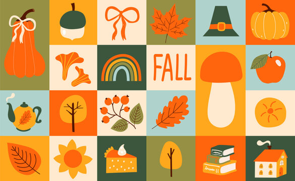 Abstract autumn seamless pattern with pumpkin, leaves, trees, berries,  fruits. Vector illustration.