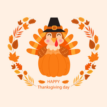 Happy Thanksgiving Day greeting card with cute turkey character and autumn leaves. Vector