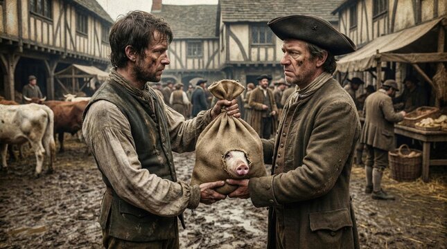 Two men trading a pig at a historical market. Medieval peasants in a muddy village square
