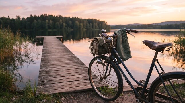 Vintage bicycle equipped with a bag parked on a wooden lake pier at dusk active lifestyle bike bag summer holiday golden hour travel destination day trip outdoors