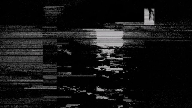 Abstract black and white digital glitch animation featuring heavy TV static and a corrupted video signal. Distressed retro VHS tracking error and screen noise