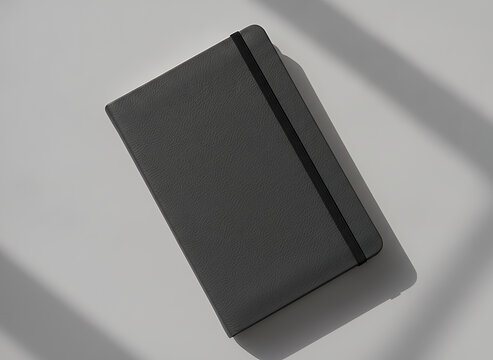 Minimalist grey notebook with elastic band on grey surface