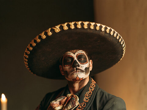 Man wearing a traditional black sombrero and skeleton face makeup