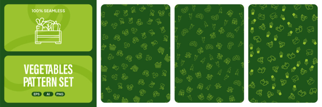 Vegetables pattern set, seamless background with healthy food icons, organic farm products, vector illustration for textile and wallpaper