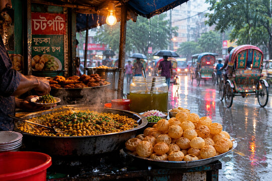 Bangladeshi Street Food Stall on a Rainy Day with Fuchka and Chotpoti