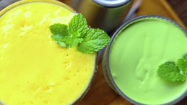 Creamy organic matcha green tea latte and mango smoothie in tall glasses.