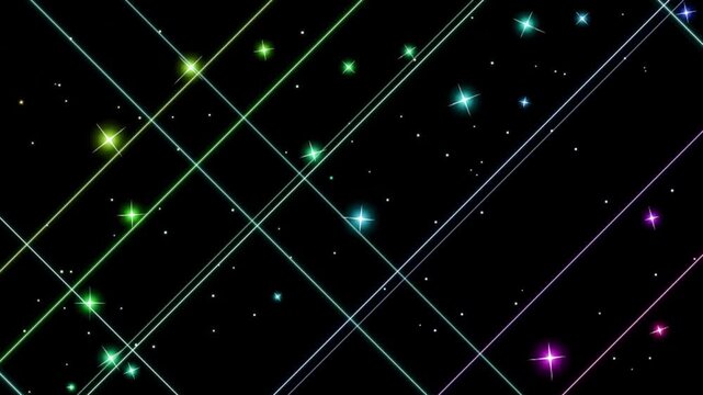 Rainbow neon glowing diagonal grid lines with shimmering starry sparkles on a black background