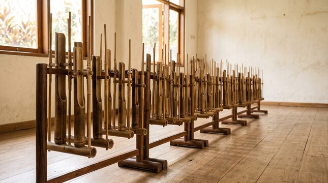 Angklung instruments arranged in an educational setting for cultural heritage, music learning, traditional arts education, museum programs, and community cultural outreach.