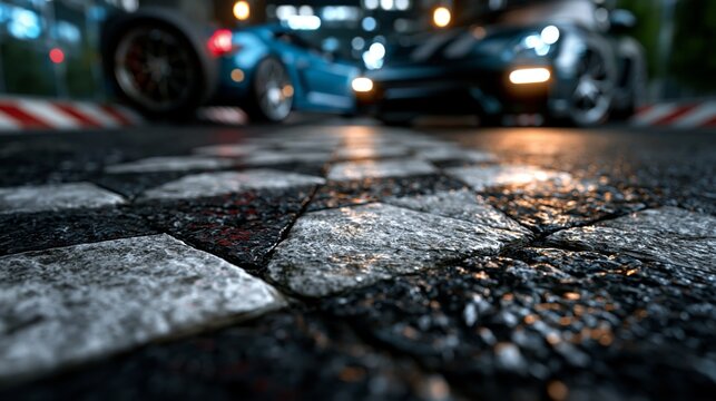Low angle view of wet cobblestone pavement with blurred sports cars in the background.