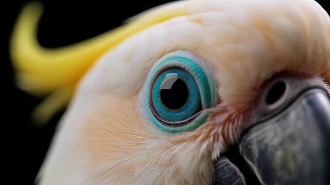 Extreme close up of a yellow crested cockatoo eye and beak