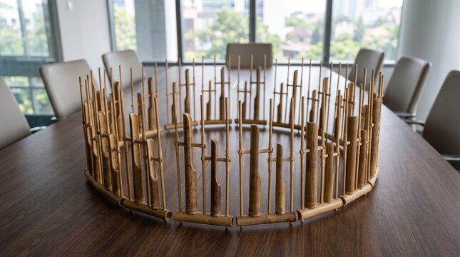 Bamboo angklungs arranged for a corporate team-building concept, representing collaboration and communication for company events, employee workshops, leadership training, and cultural programs.
