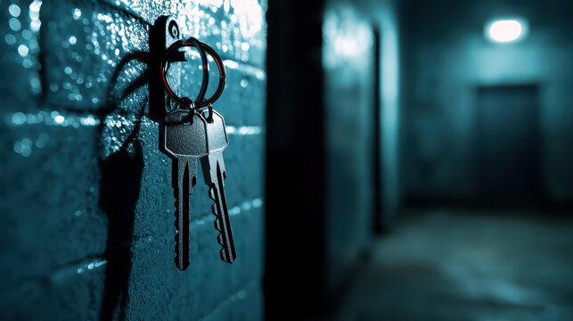 Keys hanging on hook in dimly lit corridor, creating mysterious atmosphere. shadows and textures enhance intrigue of scene