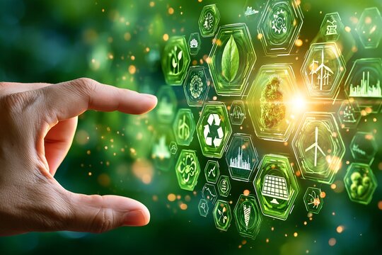 Futuristic green technology and ESG concept with hand controlling virtual eco interface with recycling and renewable energy icons
