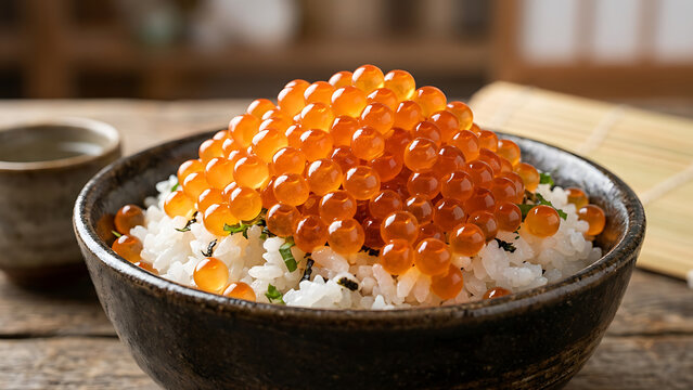 Traditional Japanese ikura don salmon roe rice bowl dish
