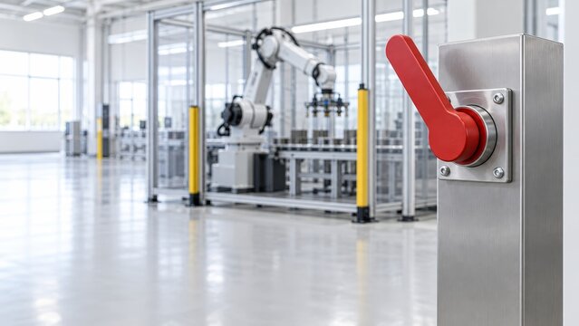 Industrial Automation Control Red Veto Switch in Modern Factory Setting with Robotic Arm and Clean Environment