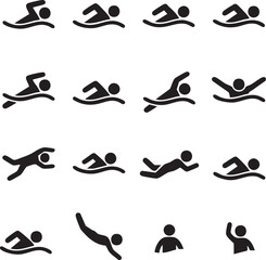 Obraz premium Swimming icons vector set with silhouettes of swimmers in various strokes and poses in water