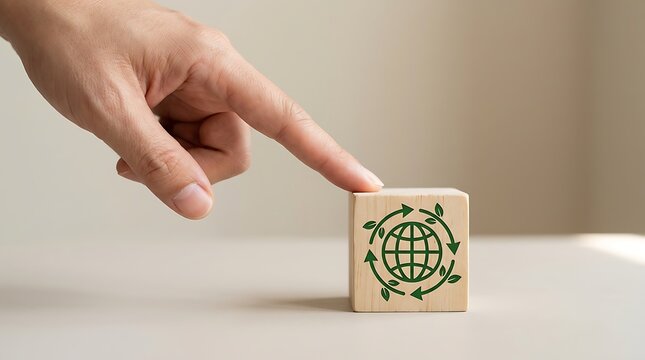 Finger pointing at wooden eco cube icon