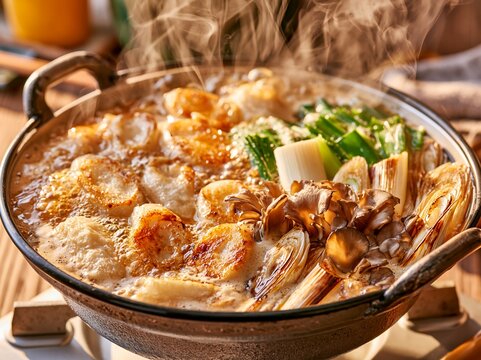 Traditional Japanese hot pot dish nabe simmering in a clay pot with delicious rising steam
