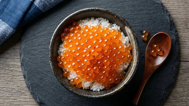 Fresh Japanese ikura don salmon roe bowl over white rice