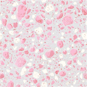 Seamless terrazzo pattern with pink and white marble chips on a light gray background for modern design
