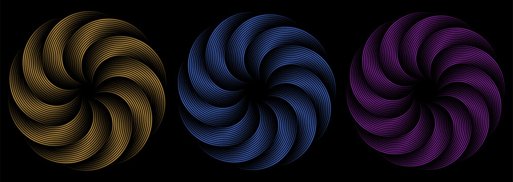 Spiral geometric circle vortex ornament. Optical illusion radial swirl dynamic flow round luxury emblem, futuristic digital technology sound wave pattern element set