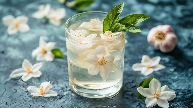 Delicate jasmine flowers float gently inside a glass of cool water, showcasing a refreshing summer drink concept