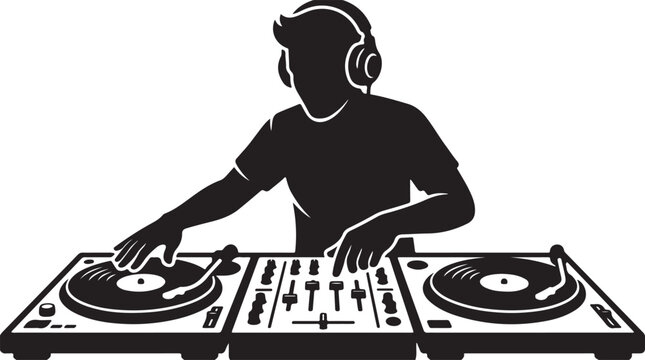 DJ playing music on turntable mixing console party icon solid black vector silhouette