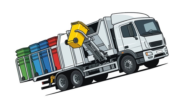 Vector illustration of a modern white garbage truck with a side lifting arm mechanism emptying a yellow recycling bin, featuring rows of green, blue, and red waste containers on white.