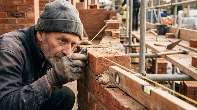 Mature bricklayer uses spirit level and line to align bricks at site