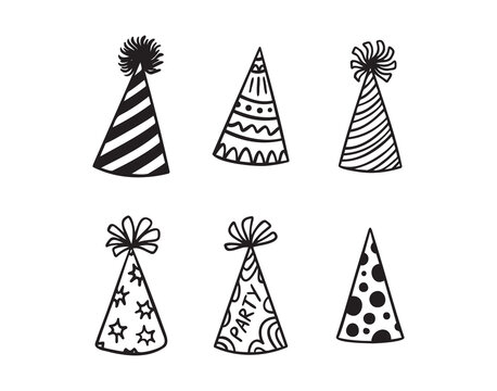 Festive party hats hand drawn doodle funny set. Party hats drawing outline elements set.