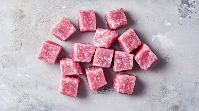 Raw ground beef cubes scattered on a gray surface, representing fresh meat and a culinary ingredient preparation