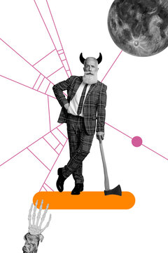 Vertical photo collage of serious old man killer hold ax devil horns moon dark night skeleton hand bones isolated on painted background