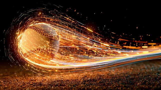 Fast baseball flying with fiery light trails on dark background
