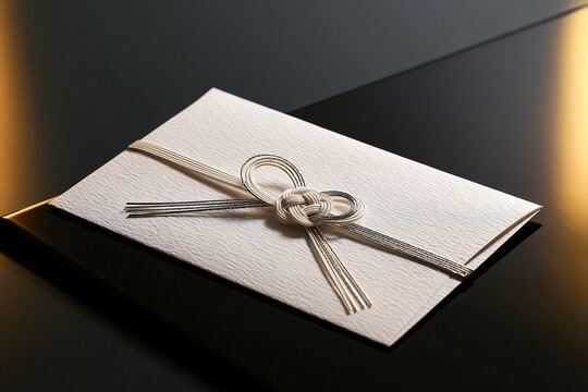 Japanese traditional noshi envelope with elegant mizuhiki knot on black desk
