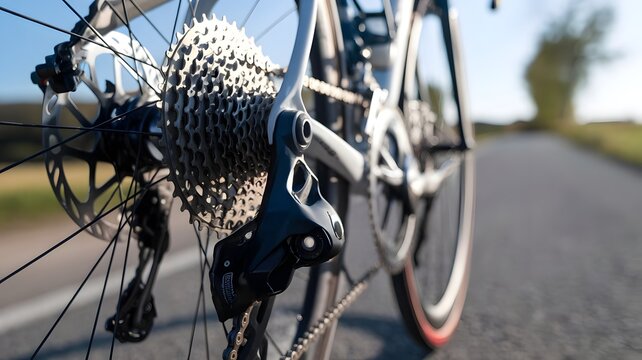 Modern road bike cassette and derailleur close-up, professional bicycle drivetrain on asphalt road, cycling gear and mechanical parts