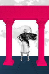 Fototapeta premium Vertical sketch 3d artwork collage poster of anonym man athens king emperor look arch sky show hand fist gesture power wear tunic
