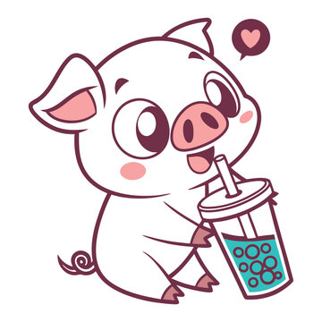 Cute Cartoon Pig Drinking Bubble Tea &ndash; Adorable Animal Character Illustration for Kids Food Design and Playful Creative Projects