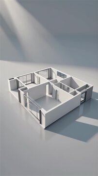 Pristine white hyperdetailed 3D CGI architectural floorplan model of a contemporary open plan luxury residence floating at eye level in a vast neutral void with clean structural walls, ideal for real 