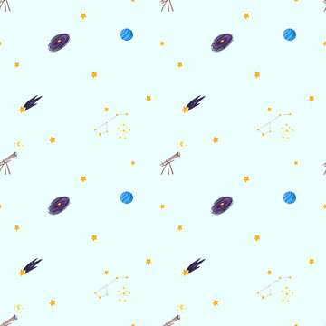 Seamless Space and Astronomy Vector Pattern with Telescopes, Planets, and Constellations on Light Blue Background