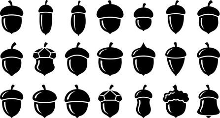 A collection of black acorn silhouettes representing various seasonal thanks giving elements for autumn design projects © MstTamima