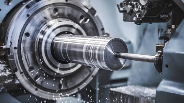 Industrial CNC lathe machine processing metal part, precision steel turning in factory, automated metalworking machinery