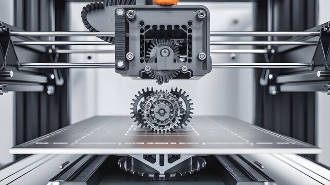Industrial 3D printer creating plastic gears, additive manufacturing process in laboratory, high-tech rapid prototyping machine