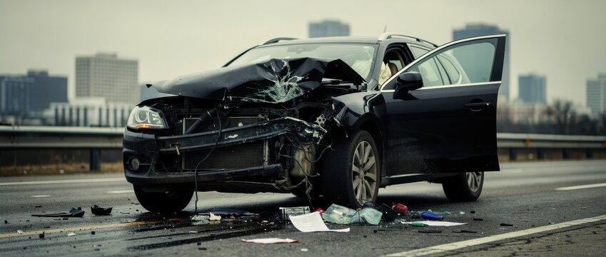 Black car severely damaged in traffic collision on highway. Shattered glass and vehicle debris lie scattered across asphalt. Auto insurance claim concept ideal for road safety and legal campaigns.