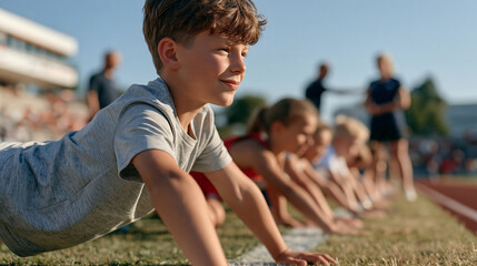 Fototapeta premium Teenage athletes cooling down after a team track practice on an open-air stadium, stretching in pairs on the grass infield, coaches nearby offering guidance, youth sports