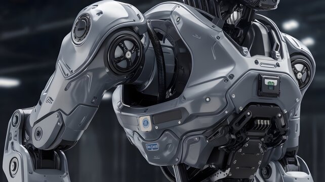 Futuristic humanoid robot torso, metallic silver android machine, advanced robotics technology for industrial automation