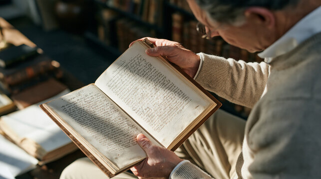 A Dutch maritime historian opens a leather-bound logbook from a tall ship voyage in the seventeen hundreds inside a canal-house archive room, salt-stained pages revealing